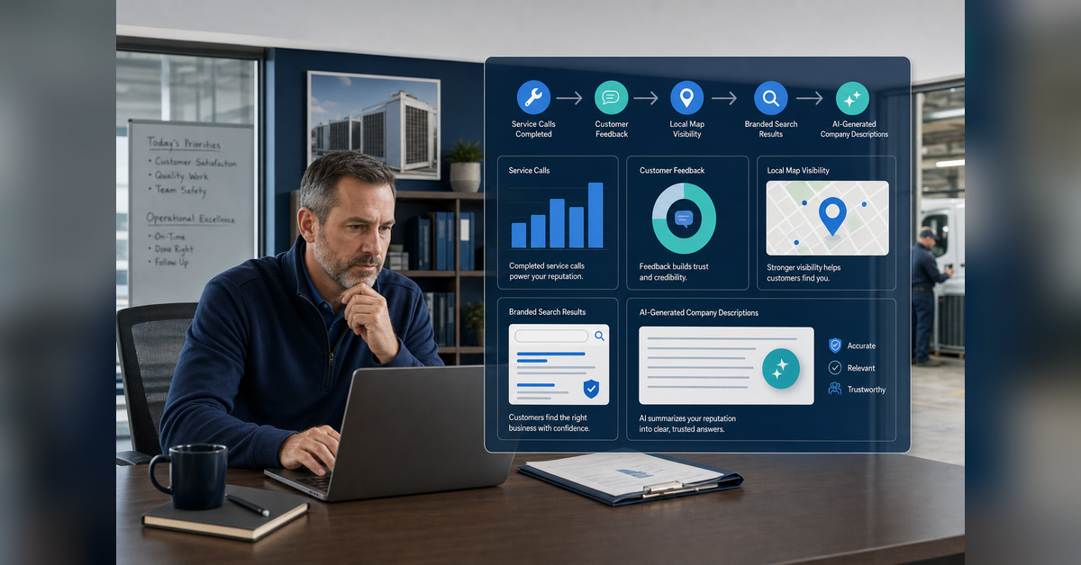 HVAC reputation management system connecting service quality, customer reviews, local search and AI trust