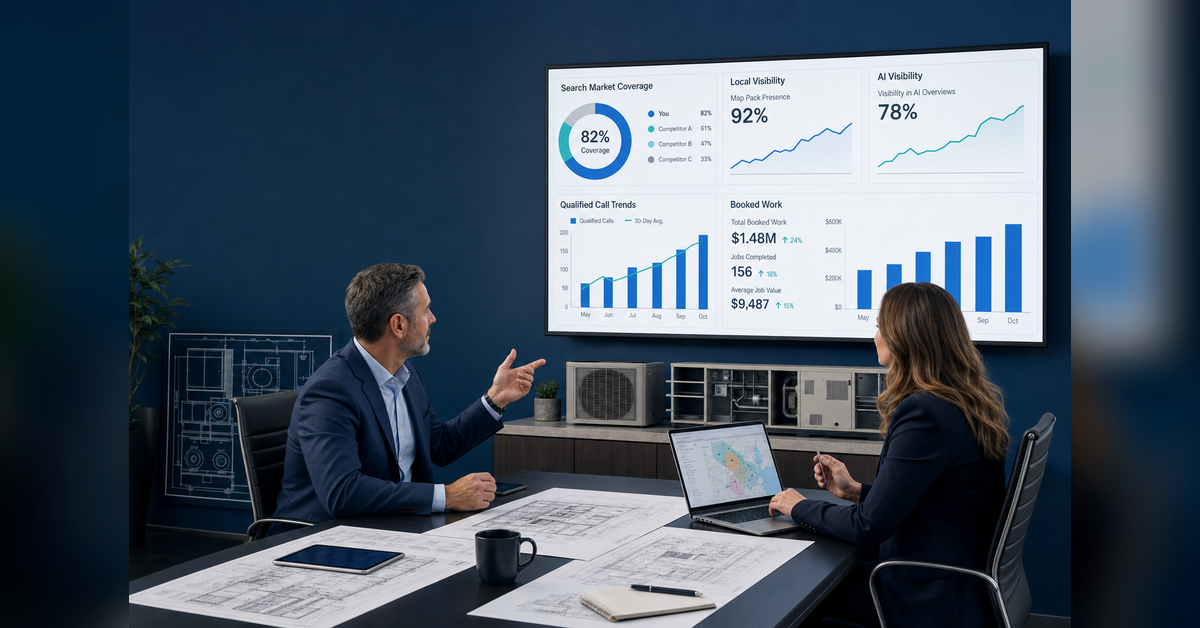 HVAC SEO agency reviewing search visibility, qualified calls and booked jobs