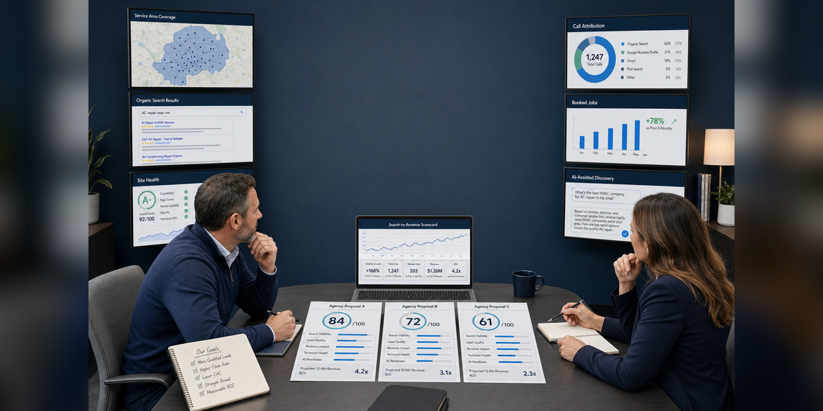 Business leaders comparing hvac seo companies with a search-to-revenue scorecard