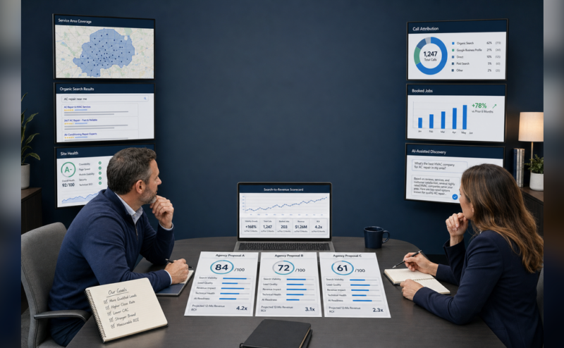 Business leaders comparing hvac seo companies with a search-to-revenue scorecard
