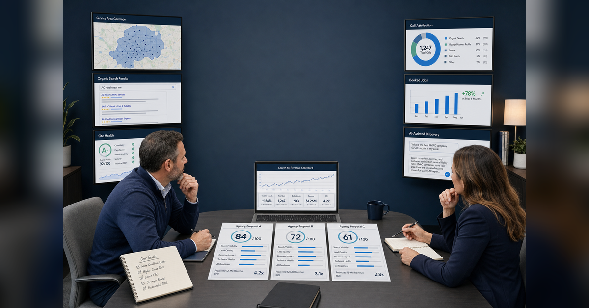 Business leaders comparing hvac seo companies with a search-to-revenue scorecard