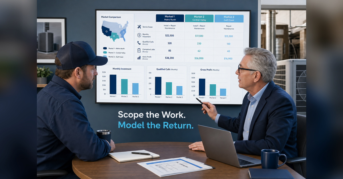 hvac seo pricing dashboard comparing scope, investment, leads, completed jobs and gross profit