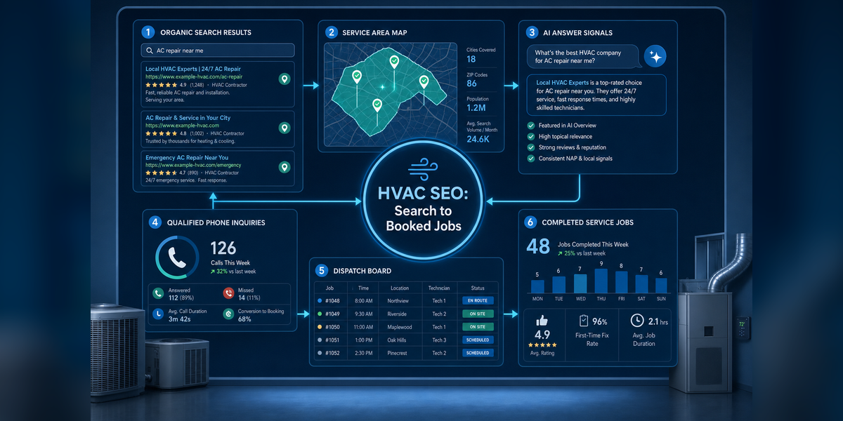 HVAC SEO system connecting Google rankings Maps AI search qualified calls and booked jobs