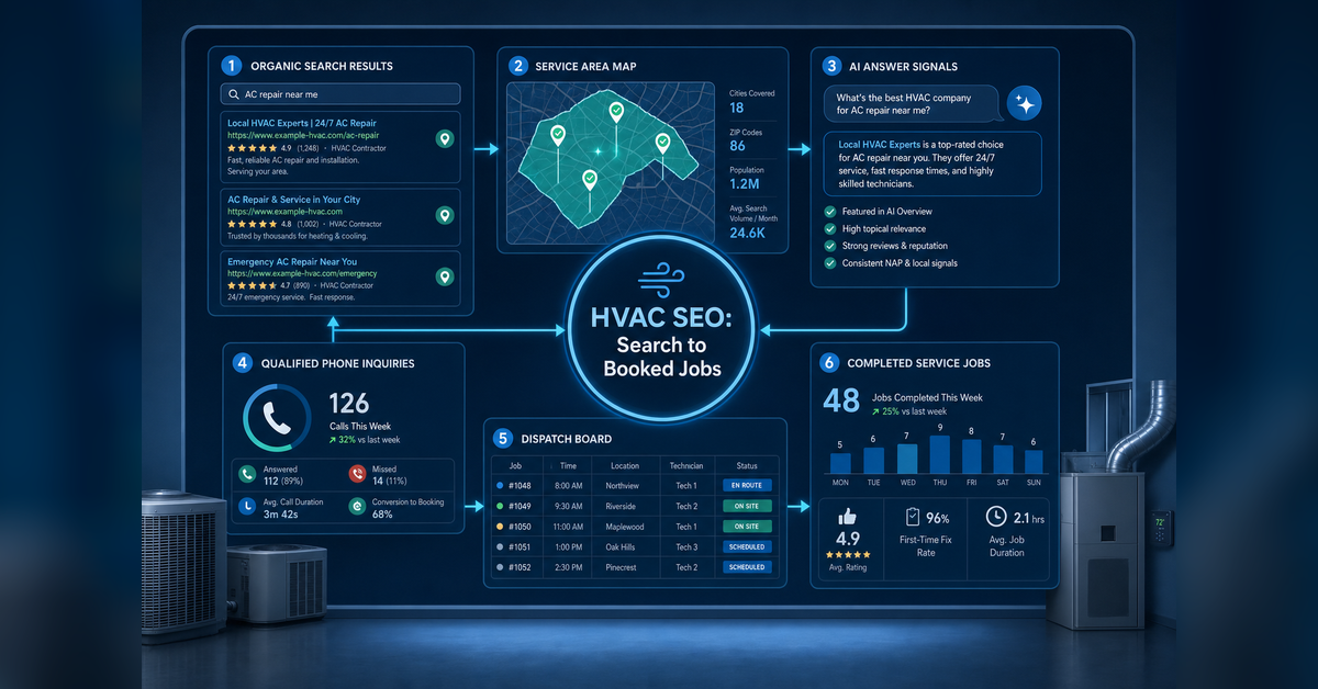 HVAC SEO system connecting Google rankings Maps AI search qualified calls and booked jobs