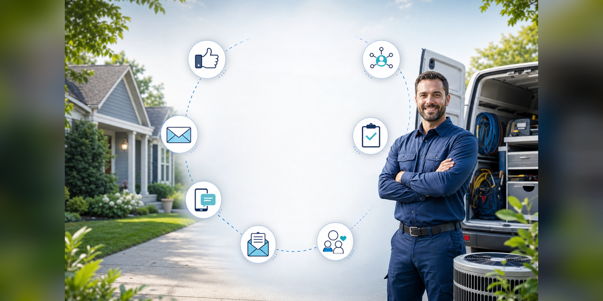 HVAC social media marketing lifecycle connecting social, email, SMS, referrals, direct mail and booked service