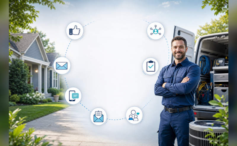 HVAC social media marketing lifecycle connecting social, email, SMS, referrals, direct mail and booked service