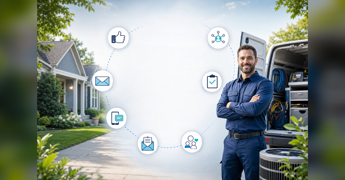 HVAC social media marketing lifecycle connecting social, email, SMS, referrals, direct mail and booked service