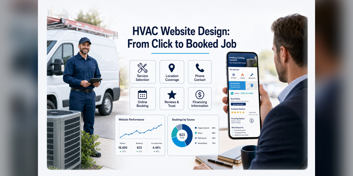 HVAC website design connecting mobile search, trust, calls, booking, service coverage, and booked-job tracking