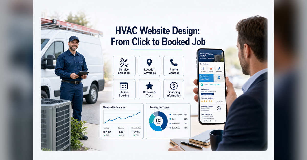 HVAC website design connecting mobile search, trust, calls, booking, service coverage, and booked-job tracking