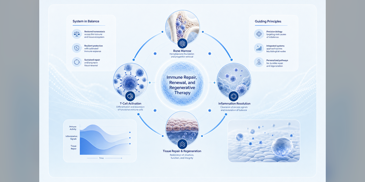 Diagram showing immune system regeneration through bone marrow, T cells, inflammation resolution, and tissue repair.