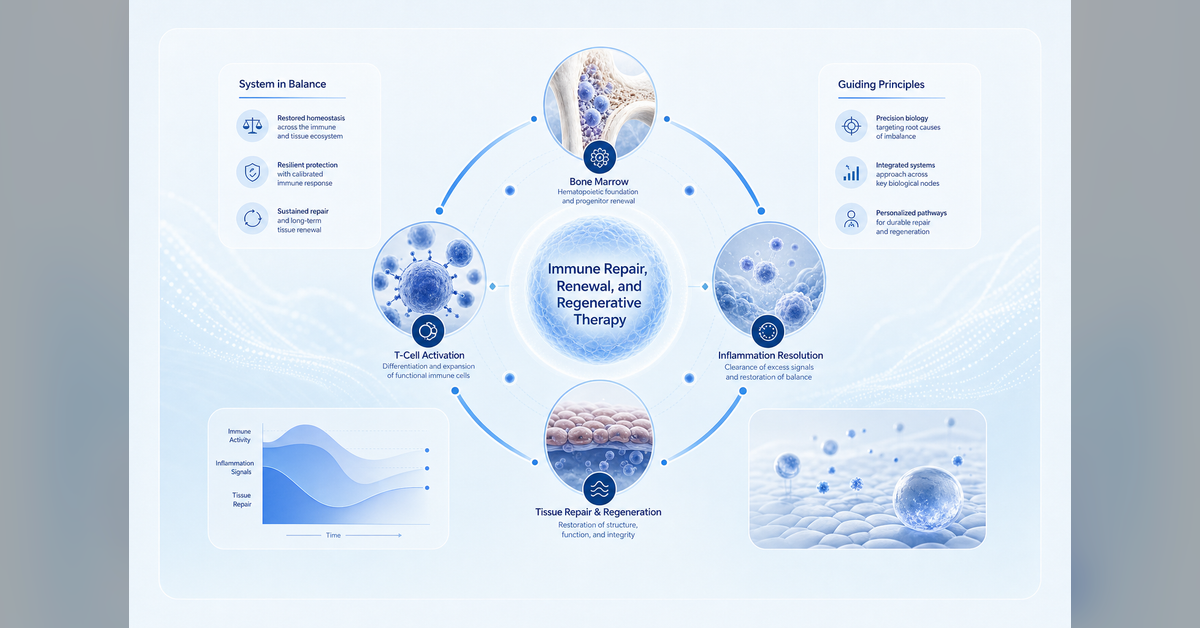 Diagram showing immune system regeneration through bone marrow, T cells, inflammation resolution, and tissue repair.