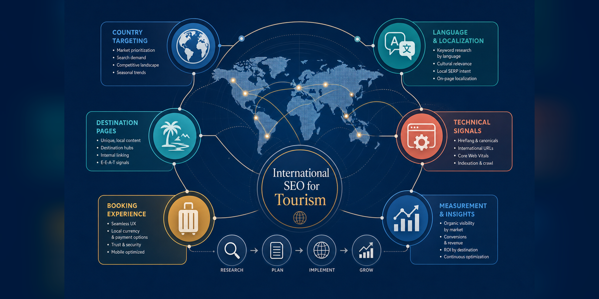 International SEO for tourism architecture connecting markets, languages, destination pages and booking paths