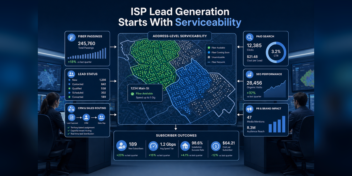 ISP Lead Generation Services command center showing serviceability data, address checks, CRM routing, and subscriber outcomes.