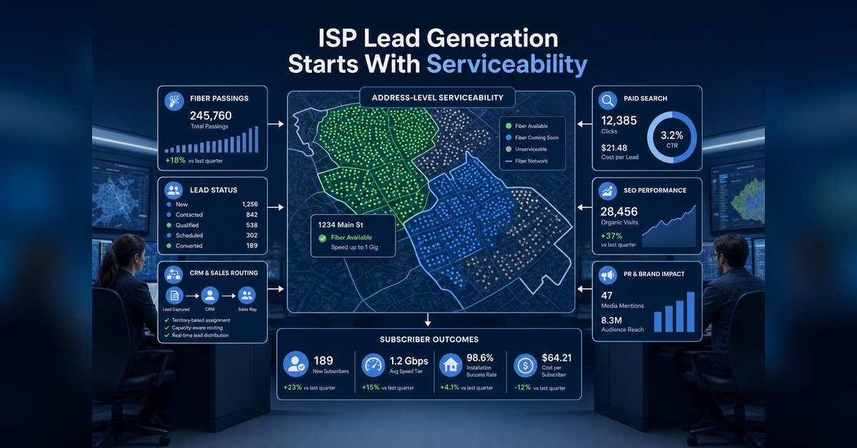 ISP Lead Generation Services command center showing serviceability data, address checks, CRM routing, and subscriber outcomes.