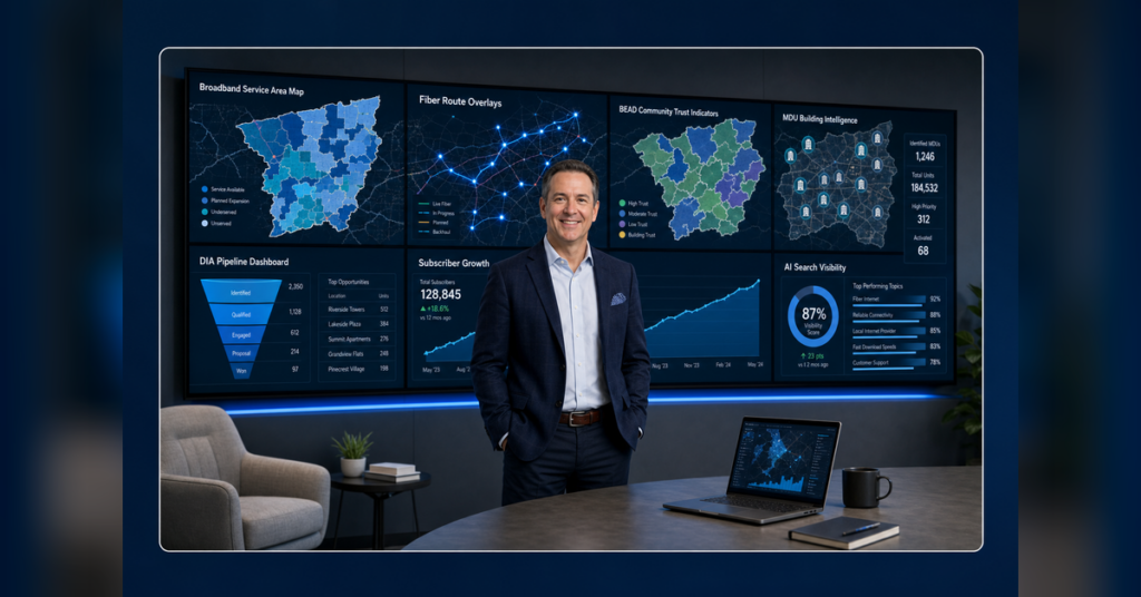 ISP marketing agency command center showing broadband service areas, fiber routes, BEAD trust campaigns, DIA leads, subscriber growth, and AI search visibility