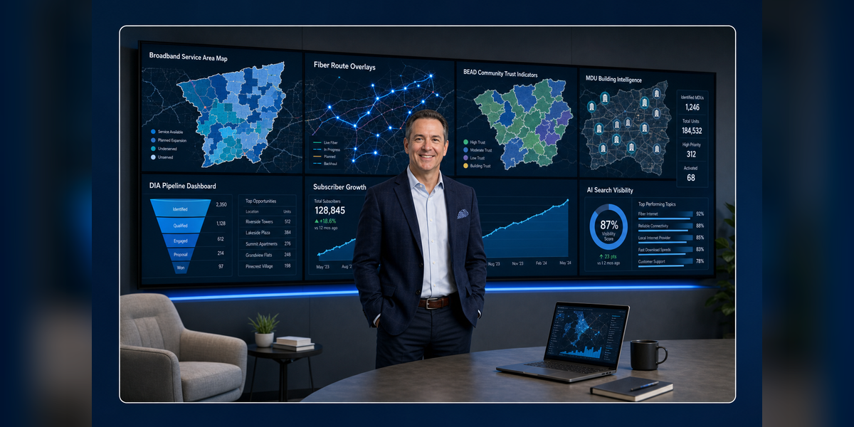 ISP marketing agency command center showing broadband service areas, fiber routes, BEAD trust campaigns, DIA leads, subscriber growth, and AI search visibility