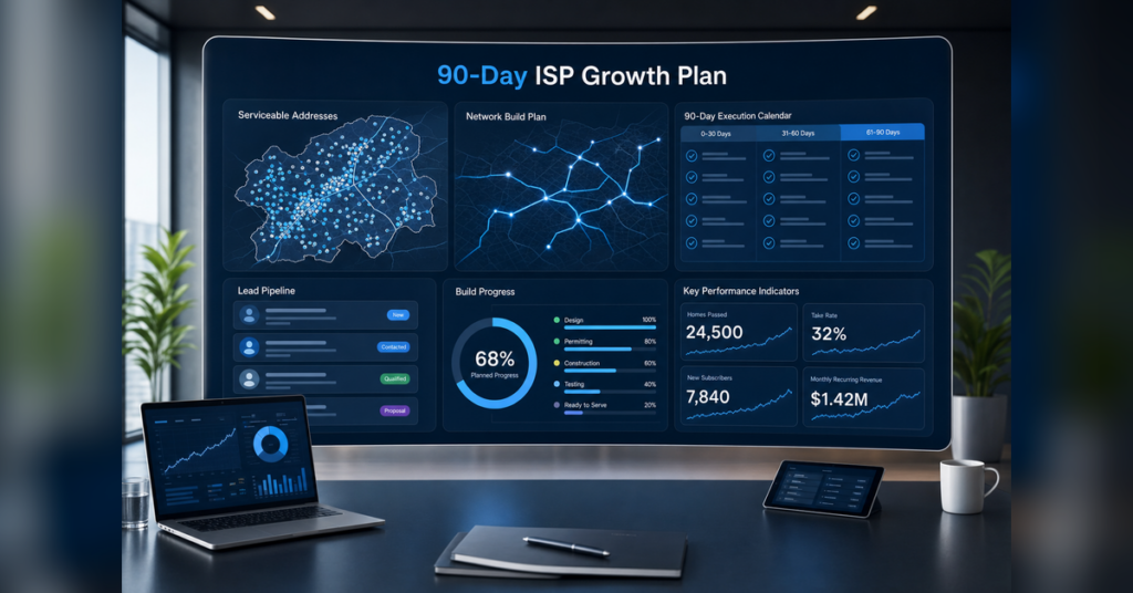 ISP marketing plan hero showing a 90-day broadband growth calendar, service-area content, paid media, PR, and sales follow-up