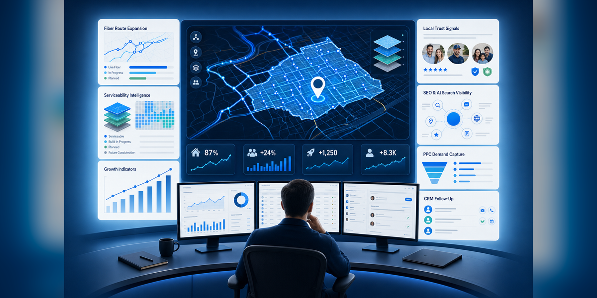 ISP marketing strategy hero image showing serviceability data, fiber routes, AI search visibility, paid media, CRM follow-up, and subscriber growth