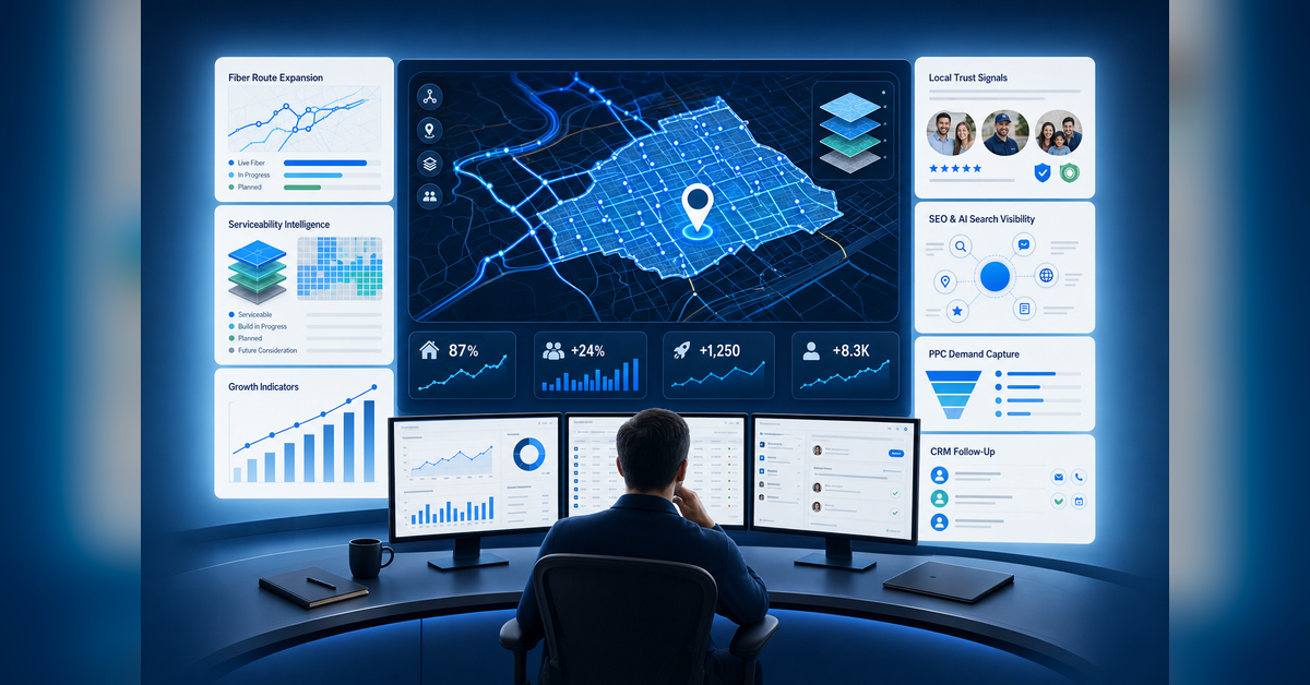 ISP marketing strategy hero image showing serviceability data, fiber routes, AI search visibility, paid media, CRM follow-up, and subscriber growth