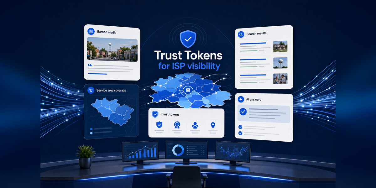ISP Public Relations & AI Search Visibility strategy visual for broadband trust, PR, GEO, and search visibility