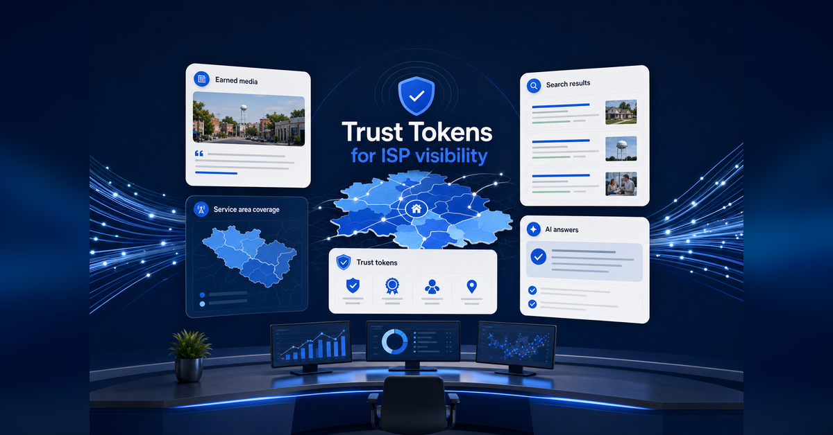 ISP Public Relations & AI Search Visibility strategy visual for broadband trust, PR, GEO, and search visibility