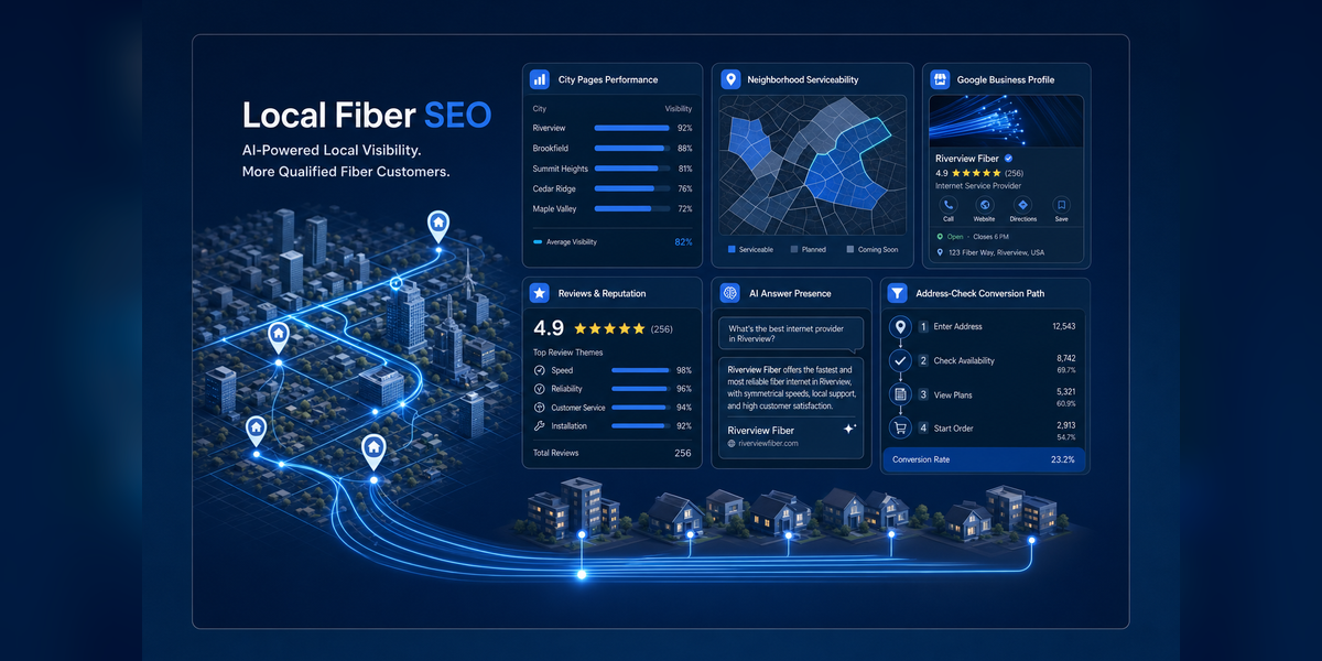 Local SEO for Fiber Internet Providers command center with serviceability map, city pages, reviews, AI visibility, and address checks