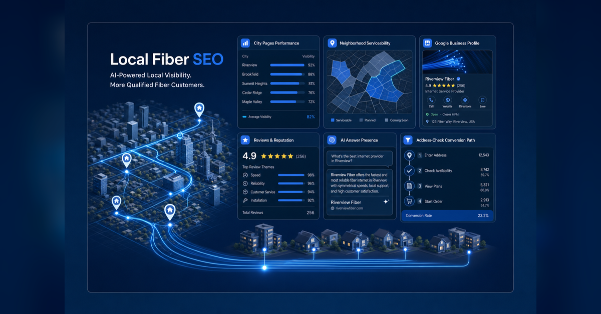 Local SEO for Fiber Internet Providers command center with serviceability map, city pages, reviews, AI visibility, and address checks