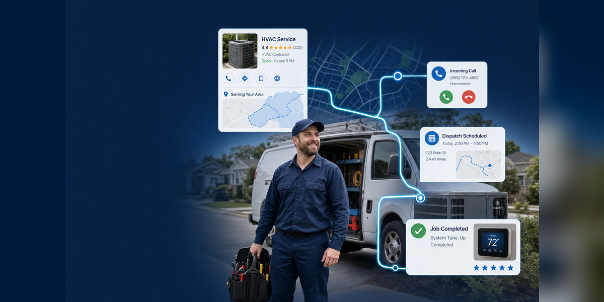 Local SEO for HVAC connecting Maps service areas, reviews, calls, dispatch and booked jobs