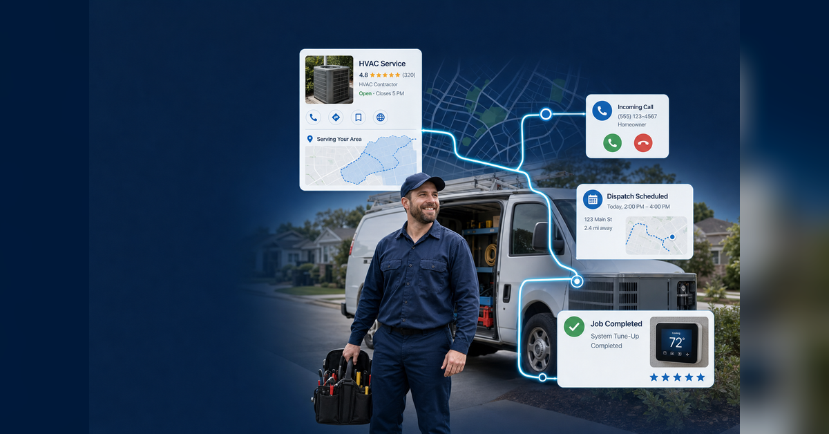 Local SEO for HVAC connecting Maps service areas, reviews, calls, dispatch and booked jobs