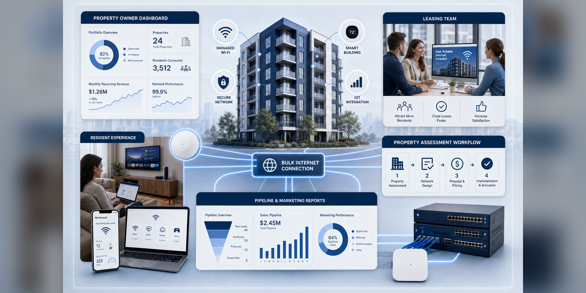 MDU Broadband Marketing command center showing multifamily broadband, managed Wi-Fi, property owners, residents, and pipeline reporting.