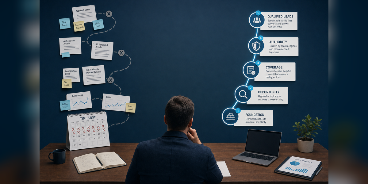 Small-business owner comparing paths that illustrate mistakes small business owners make when using SEO