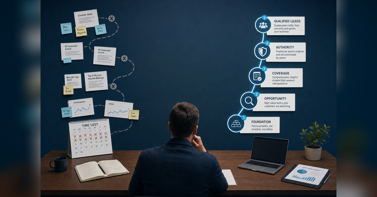 Small-business owner comparing paths that illustrate mistakes small business owners make when using SEO