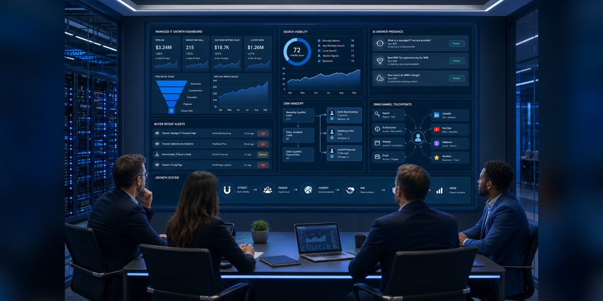 MSP marketing strategy command center showing SEO, GEO, buyer intent, nurture, and sales handoff