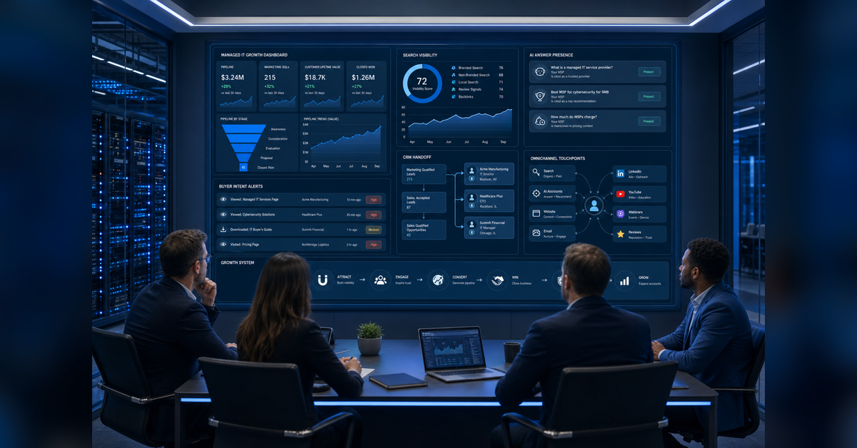 MSP marketing strategy command center showing SEO, GEO, buyer intent, nurture, and sales handoff