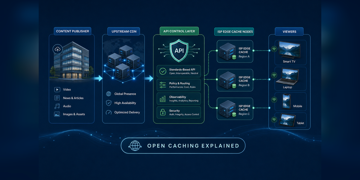 Open caching architecture connecting publishers, upstream CDNs, ISP edge caches, and viewers