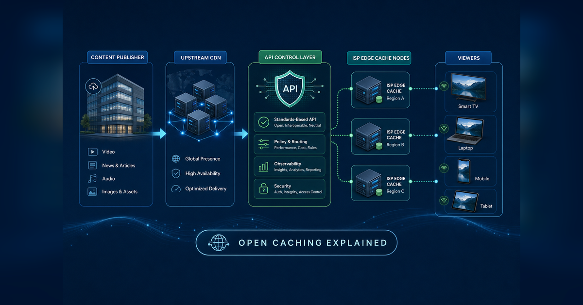 Open caching architecture connecting publishers, upstream CDNs, ISP edge caches, and viewers