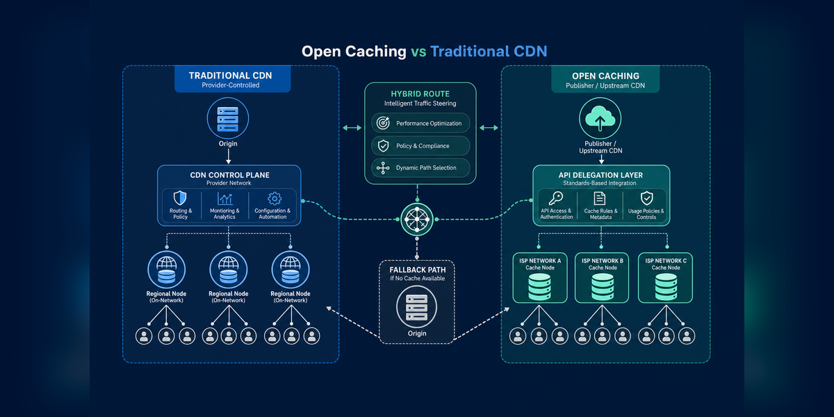 open caching vs CDN architecture comparing traditional CDN points of presence with ISP-embedded caching and a hybrid path