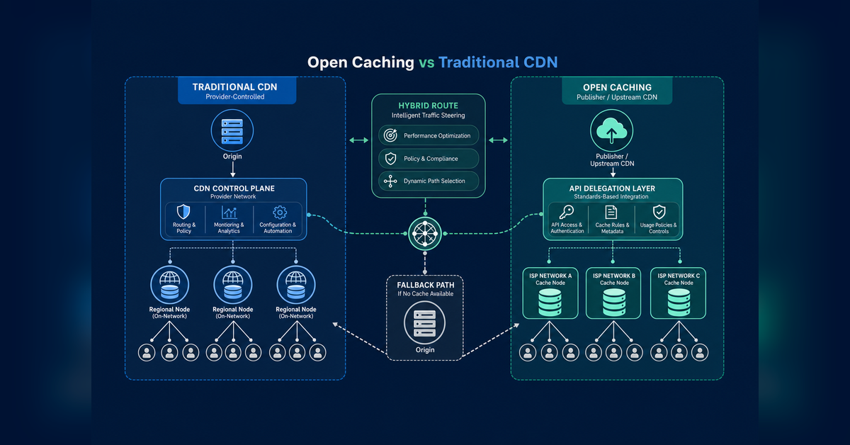 open caching vs CDN architecture comparing traditional CDN points of presence with ISP-embedded caching and a hybrid path