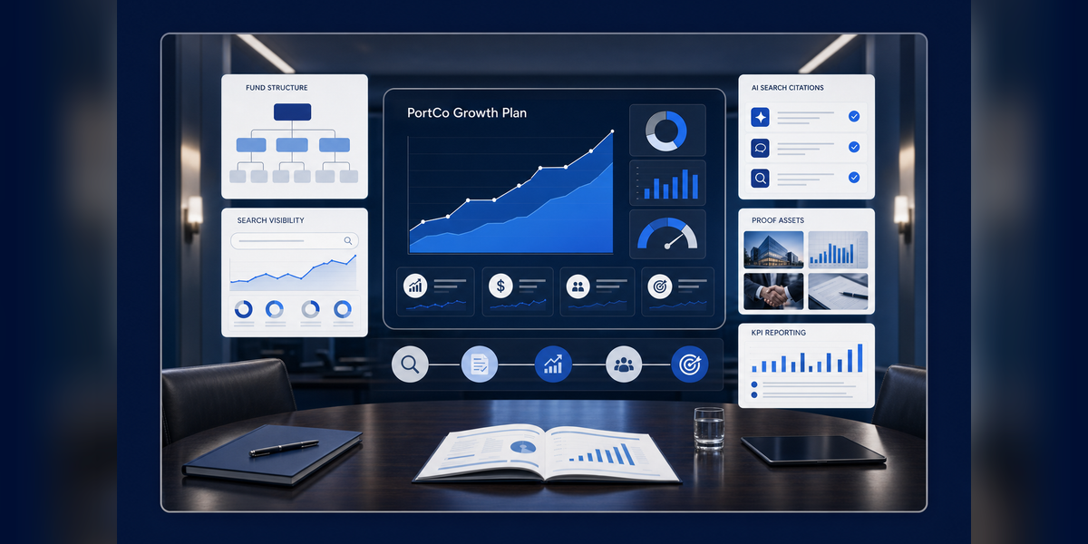 PortCo Private Equity growth plan showing portfolio company visibility, trust, reporting, SEO, GEO, and AI workflow strategy