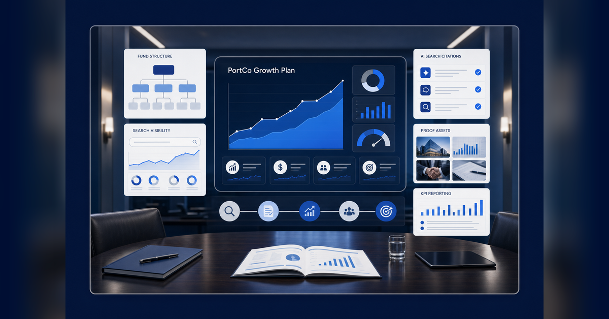 PortCo Private Equity growth plan showing portfolio company visibility, trust, reporting, SEO, GEO, and AI workflow strategy