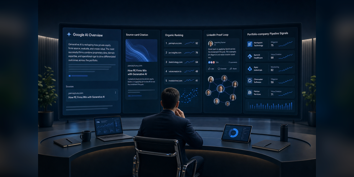 Private Equity Case Study hero image showing AI search visibility, source-card rankings, organic results, and proof assets