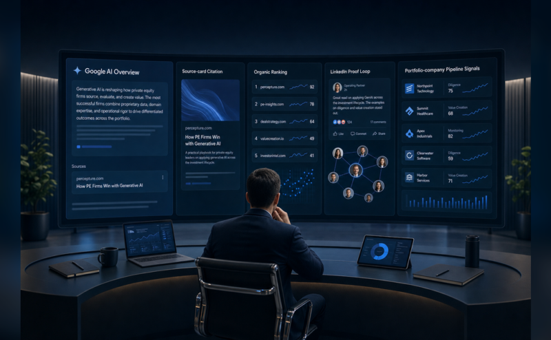 Private Equity Case Study hero image showing AI search visibility, source-card rankings, organic results, and proof assets