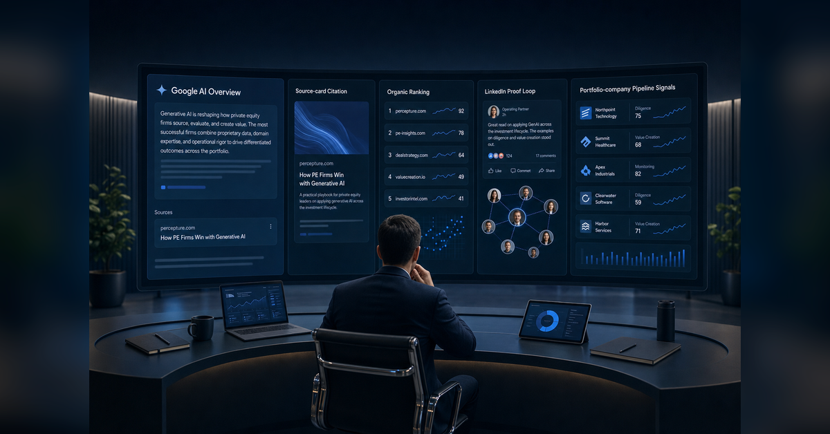Private Equity Case Study hero image showing AI search visibility, source-card rankings, organic results, and proof assets