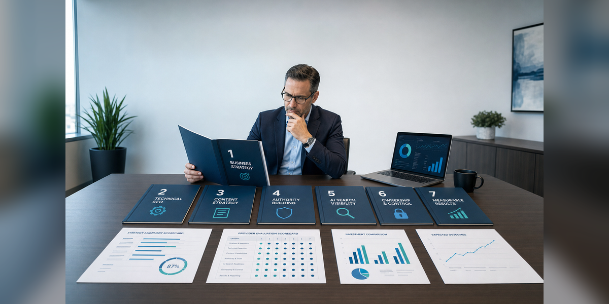 Executive reviewing questions to ask when hiring an seo company​ across strategy, technical SEO, AI search, ownership, and results