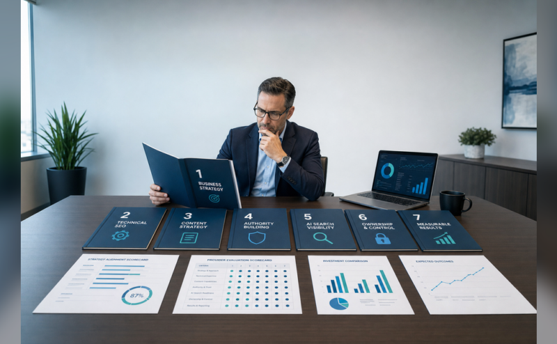 Executive reviewing questions to ask when hiring an seo company​ across strategy, technical SEO, AI search, ownership, and results