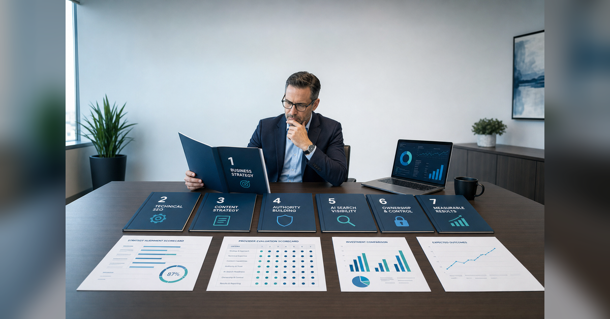Executive reviewing questions to ask when hiring an seo company​ across strategy, technical SEO, AI search, ownership, and results