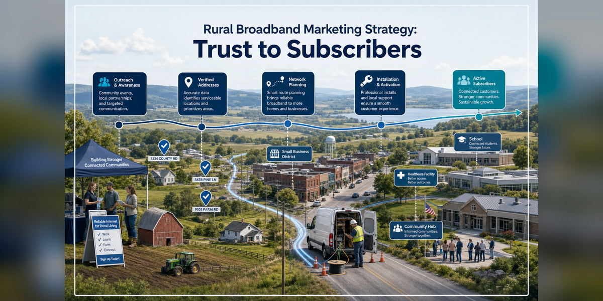 Rural broadband marketing strategy connecting serviceable addresses, community trust, outreach, installations, and subscriber growth
