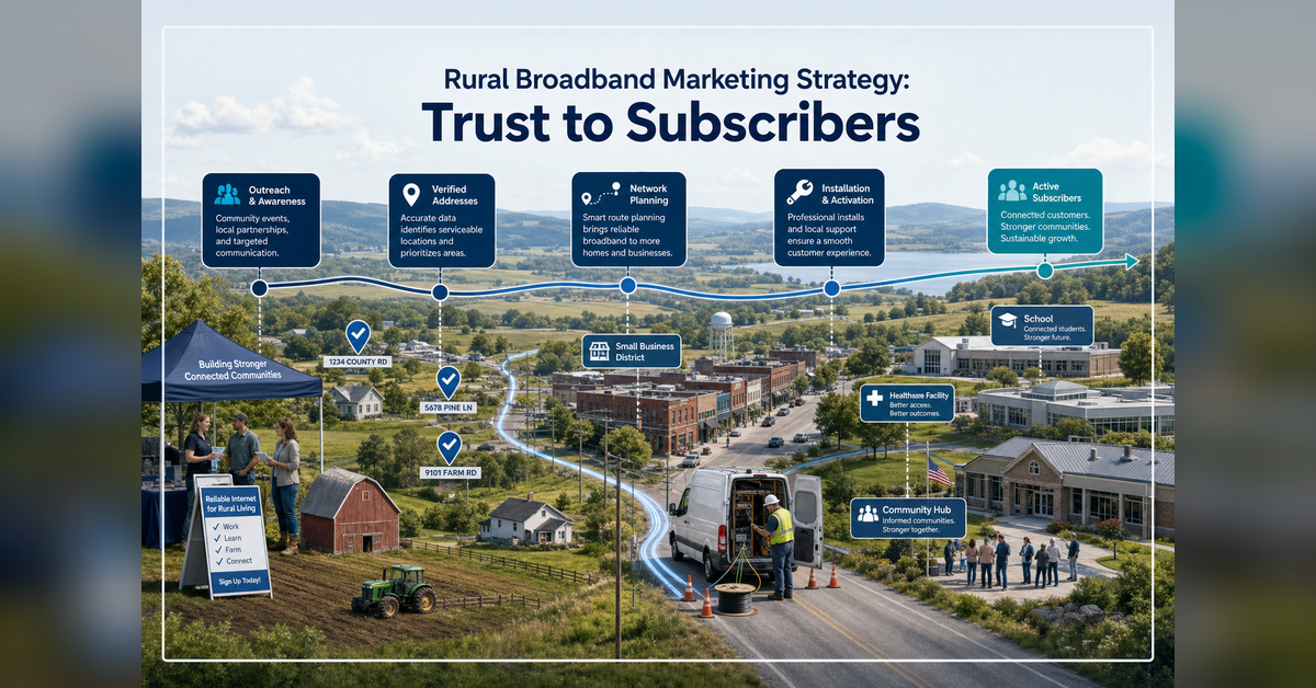 Rural broadband marketing strategy connecting serviceable addresses, community trust, outreach, installations, and subscriber growth