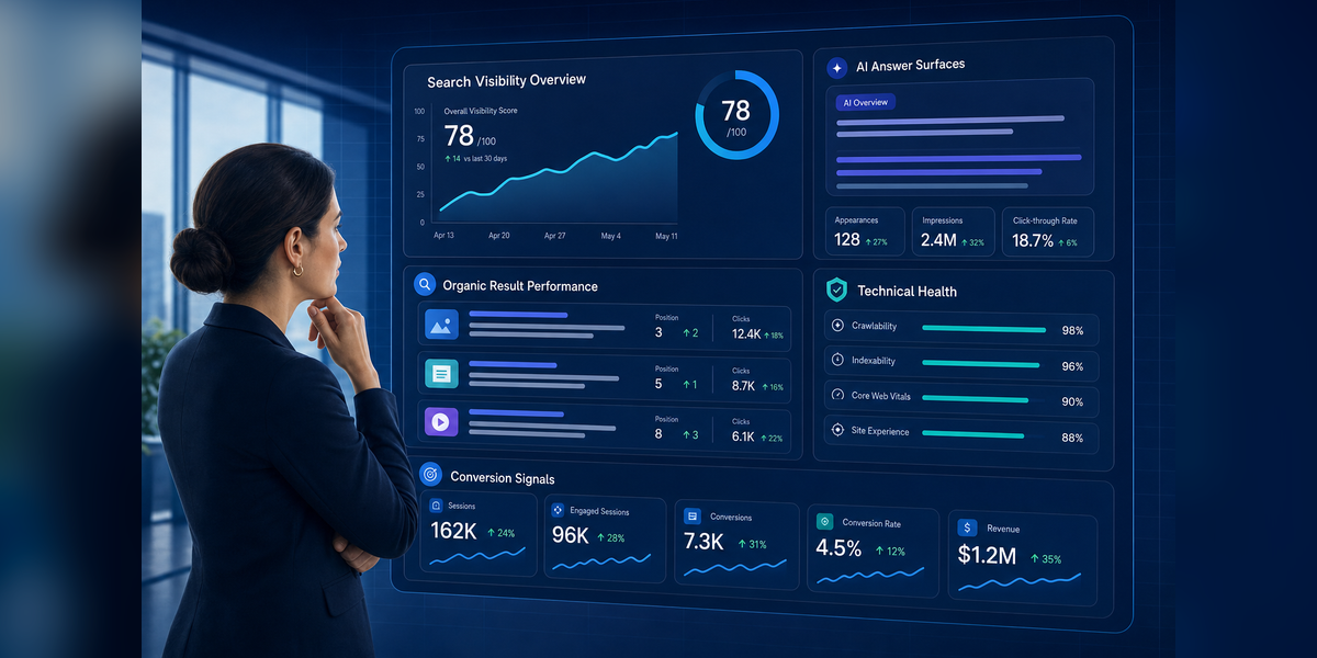 SEO Examples illustrated through organic rankings, AI search visibility, technical signals, and conversion measurement