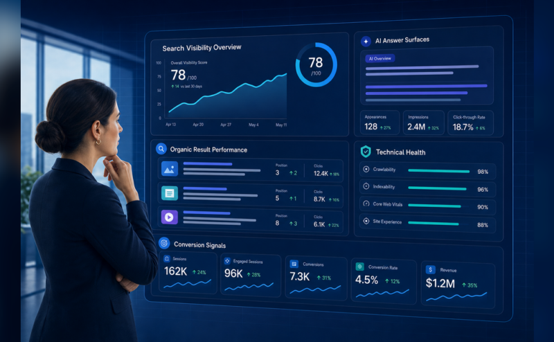SEO Examples illustrated through organic rankings, AI search visibility, technical signals, and conversion measurement